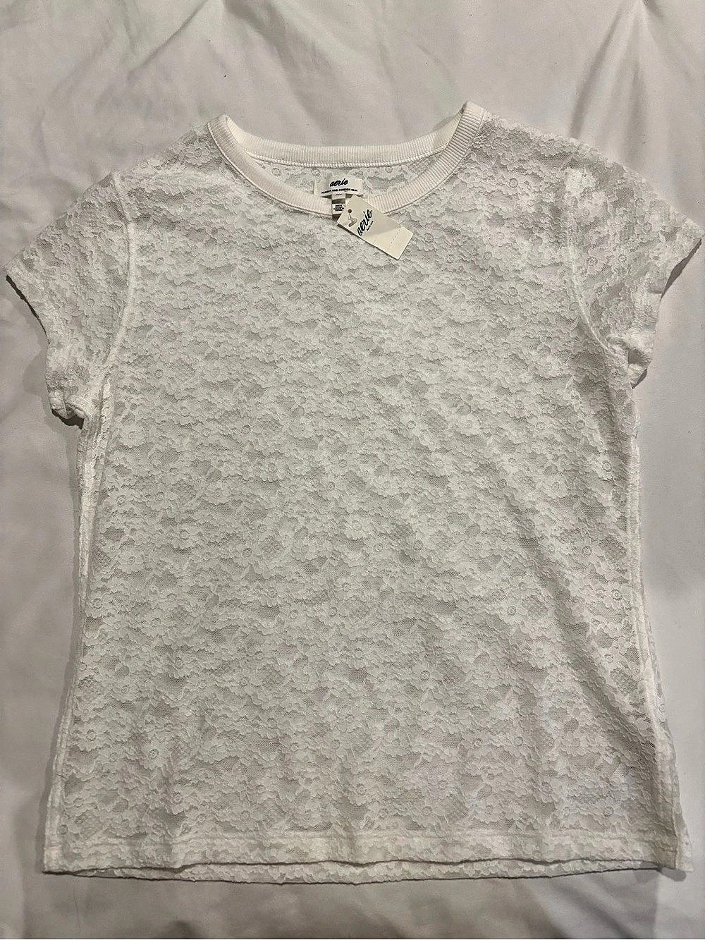 Aerie Essential Lace Layering T-Shirt Floral White XS NWT